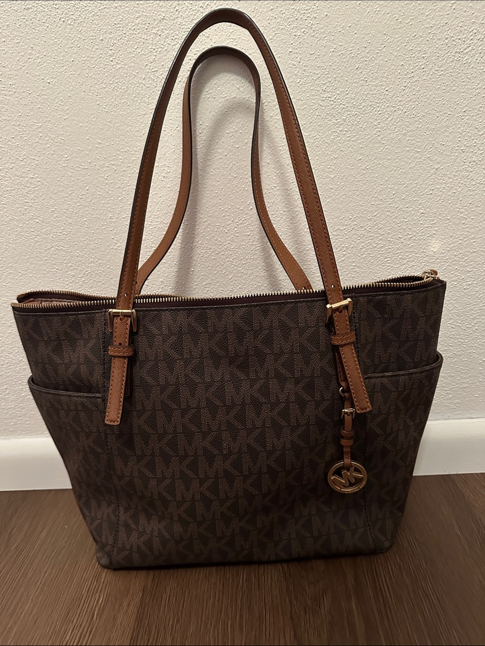Michael Kors Brown MK Logo Tote with Tan Straps